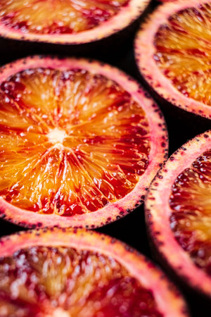 Bright blood orange slices have rich colors and juicy flesh for a stunning display.