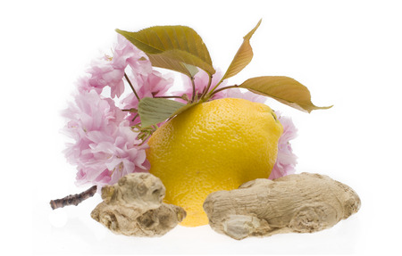 Lemon and ginger isolated on white backgroundの写真素材