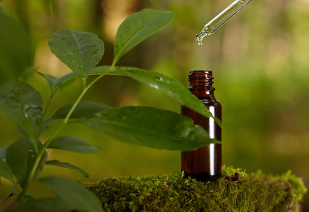 Essential oil falling from dropper. Natural organic herbal essence in a glass bottle.