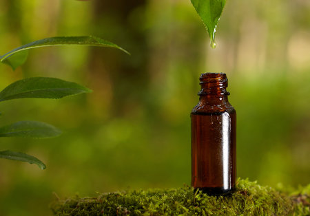 Dripping essential oil into a bottle from leaf. Natural medicines straight from nature.の写真素材