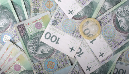 Money from practicing prostitution. Business sex, banknotes and a condom.