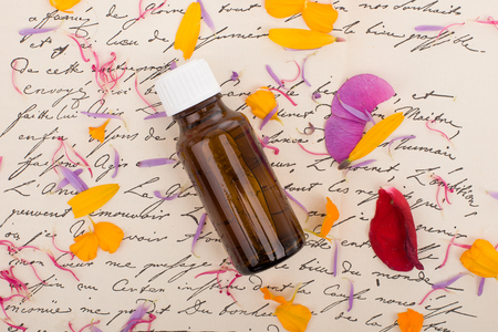 Natural Remedies, aromatherapy - bottle. Natural Medicine - Fresh herbs.の写真素材