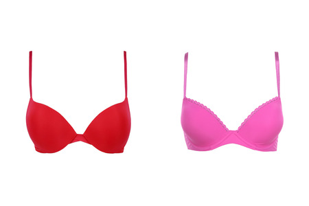 Sexy red and pink bra, isolated. Sex pink and red bra, white background.の写真素材