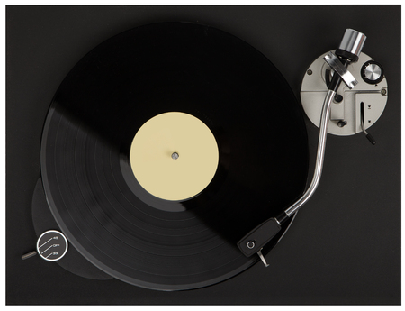 Turntable playing vinyl close up with needle on the record. Record player with vinyl record.の写真素材