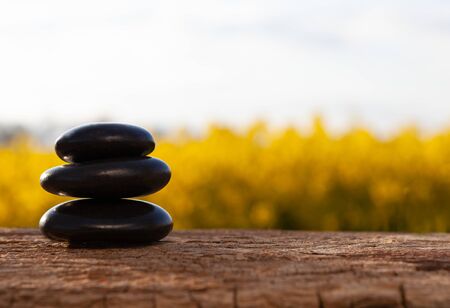 Stone on stone - a natural balance. Stack of zen stones on nature background.の写真素材