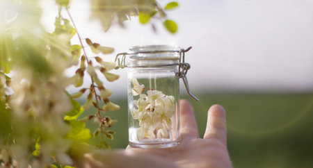 Robinia (false acacia) essential oil (remedy, extract) bottle with fresh acacia flowers