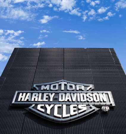 POZNAN, POLAND - MAY 17.2019: Harley Davidson logo on the metal wall.Motorcycle dealership or motorcycle shop. Harley-Davidson is an American motorcycle manufacturerのeditorial素材