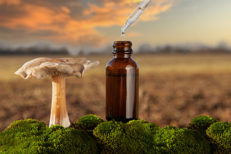 Alternative medicine - medical mushroom, concept. Health or psychedelic mushroom essence