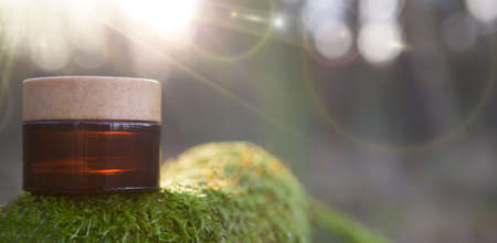 Blank mockup for skin care cosmetic products on natural dark green moss.の写真素材