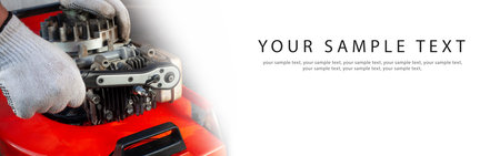Repairing Lawn Mower Engine - banner, copy space for text.