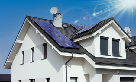 Solar panels roof of a modern house - high resolution.の写真素材