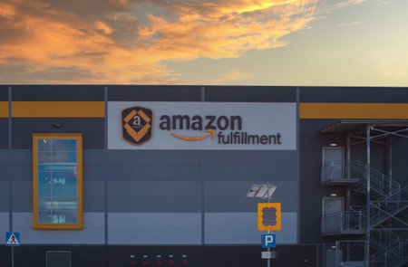 Poland, Sady - Jun 05, 2021: SIGN Amazon Logistics Center in Sady.
