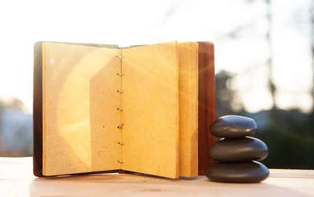 Blank recipe book for the preparation of natural herbal medicines. Copy spaceの写真素材