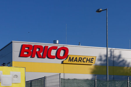 Poznan, Poland - Aug 11, 2021: Logo of bricomarche Super store Intermarche brand.