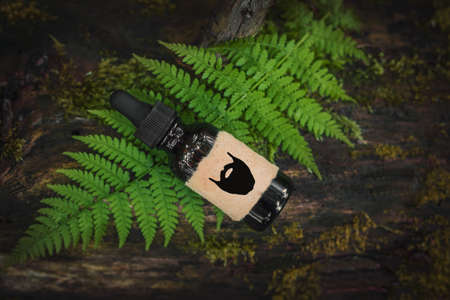 Beard Oil - barbershop product photography. Top view, flatley. Bottle and forest fern.の写真素材