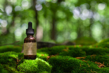 Medicine bottle on moss. Bokeh nature background provides, copy space. Natural remedy. Blur background.の写真素材
