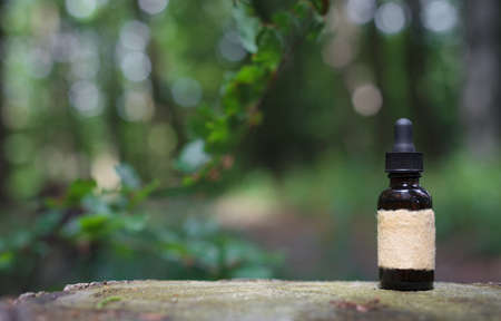 Beard Oil - barbershop product photography. Bottle and forest fern. Blank label.の写真素材