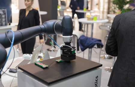 Poznan, Poland 01 Sep 2021: ITM Industry Europe, high-tech EXPO. Doosan Robot arm in technology process, automatic industrial robot. Collaborative robots.のeditorial素材
