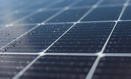 Close-up of dark blue solar panel with water drops. Abstract solar panels texture background.