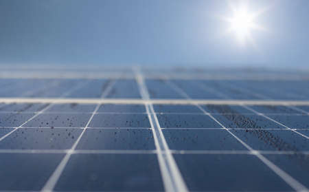 Close-up of Solar energy panel photovoltaics module. Copy space, banner.の写真素材