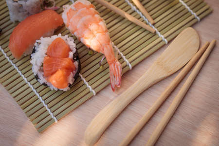 The composition of sushi and natural light. Appetizing colors. Shrimpの写真素材
