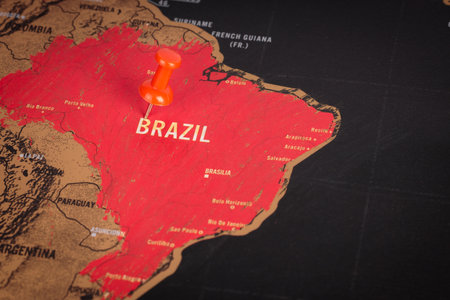 Location Brazil, red pin and travel map, marker and zoom point, tourism and travel concept, South America. Country BRAZIL on the map.の写真素材