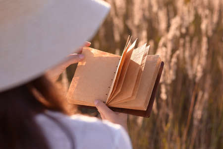 A girl in a stylish summer dress feels at ease in a field of tall grass in the sun. Copy-space.の写真素材
