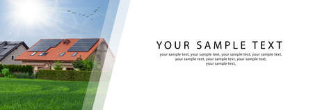 Solar panels on a modern house, copy space for text. Website bannerの写真素材