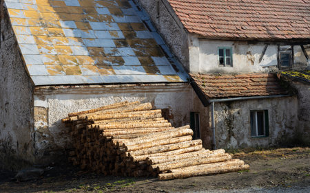 Old and destroyed rural buildings, house plus pile of wood. Destroyed historic farmstead