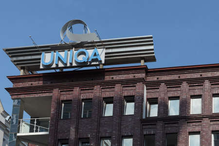 Poznan, Poland 28 May 2021: Logo of UNIQA Insurance Group AG, Austrian Insurance International company, is displayed on the top of a building.のeditorial素材