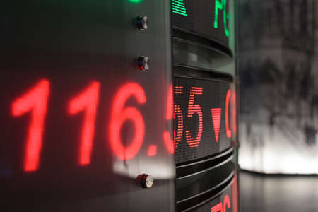 Warszawa, Poland - June 05.2021: NBP Money Center, museum. View stock quotes, display stock market information. Stock Exchange trading floor displayのeditorial素材