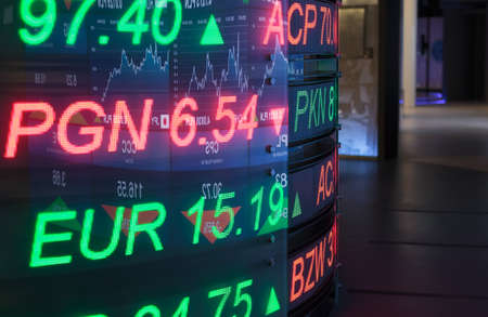 Warszawa, Poland - June 05.2021: NBP Money Center, museum.Financial data on monitor, candlestick chart of stock exchange, ctock market graph on screen.のeditorial素材