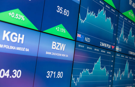 Warszawa, Poland - June 05.2021: NBP Money Center, museum. View stock quotes, display stock market information. Display of Stock market quotes.のeditorial素材