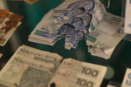 Warsaw, Poland - June 05.2021: NBP Money Center, museum. banknotes, money. Broken banknotes.のeditorial素材