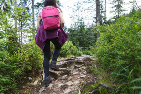 Shot from behind back of woman climbing with backpack in hilly area, forest. Rear viewの写真素材