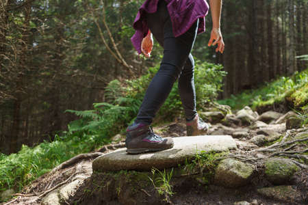 Close-up of woman walking on stones along hiking trail in pine forestの写真素材