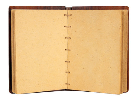 Open old book, notebook with blank yellow pages isolated on white background with clipping path. Blank pages.の写真素材