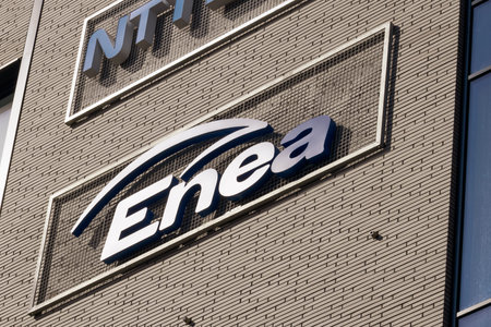Logo of ENEA brand, the main supplier of energy and electricity in Poland. Logo on the office...