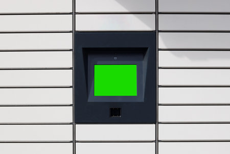 Closeup Mockup Electronic Locker, white automatic parcel terminal (parcel locker, mail terminal,...