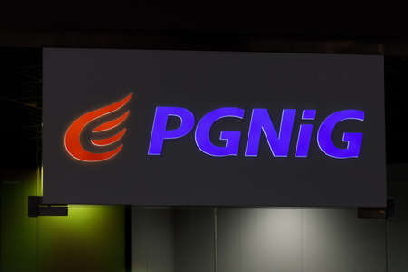 Poland, Poznan - April 10, 2022: Sign PGNiG, Polish state-controlled oil and gas company.のeditorial素材