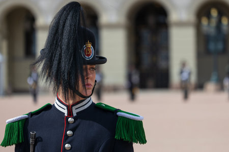 Oslo, Norway. April 29, 2022: Norwegian female soldiers in gala uniforms change guard of honor in...