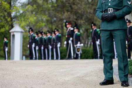 Oslo, Norway. 29 April 2022: Norwegian Royal Guard near Royal Palace in Oslo. Changing guard of...