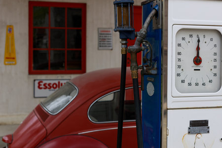 Norwegian Museum of Cultural History, Oslo. Gas station with car in Folkemuseum. Cultural History...