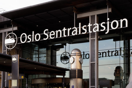 Oslo, Norway. 01 May 2022: Station name "Oslo Sentralstasjon" logo at the entrance of Oslo Central Station.のeditorial素材