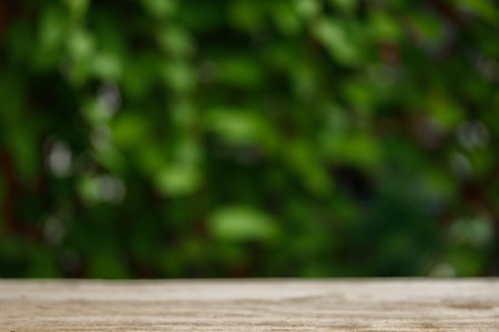 Wooden table and blurred green nature garden background. Empty wooden table with defocused green...