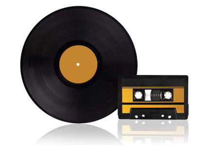Music audio vinyl and tape disc vintage isolated on white background.