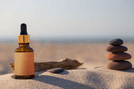 Mock-up organic natural cosmetic product, summer skin care concept. Bottle with beachfront drippers, natural composition.の写真素材
