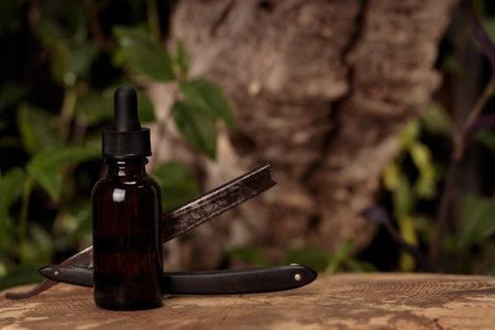 Beard Oil - barbershop product photography. Bottle and blank space.の写真素材