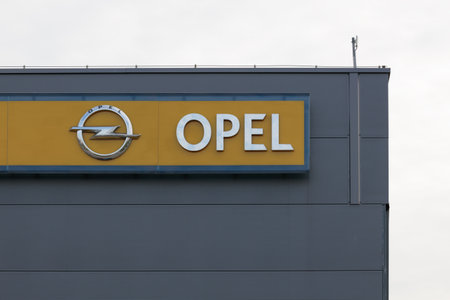 Poland, Poznan - October 30, 2022: Opel official dealership logo, dealership store.Opel Automobile GmbH is a German companyのeditorial素材