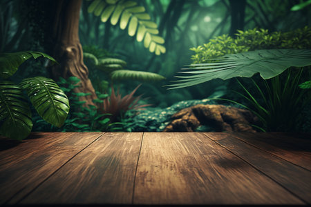 Old wooden shabby table on the background of a tropical forest.の素材